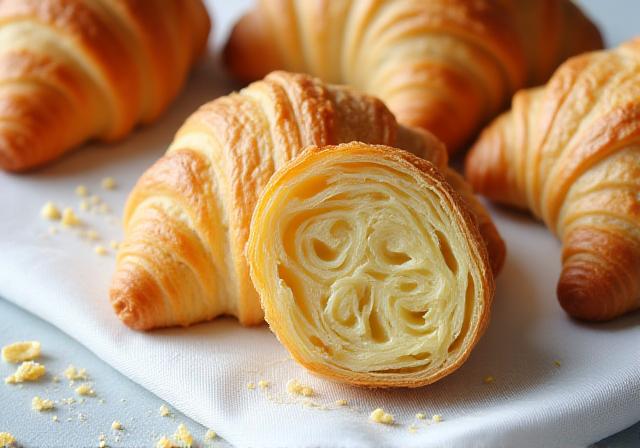 Nærbillede af flagede croissanter og wienerbrød
